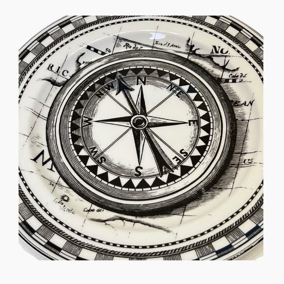 222 Fifth Slice Of Life Nautical Compass Salad Plate Decorative Black White - Picture 2 of 7